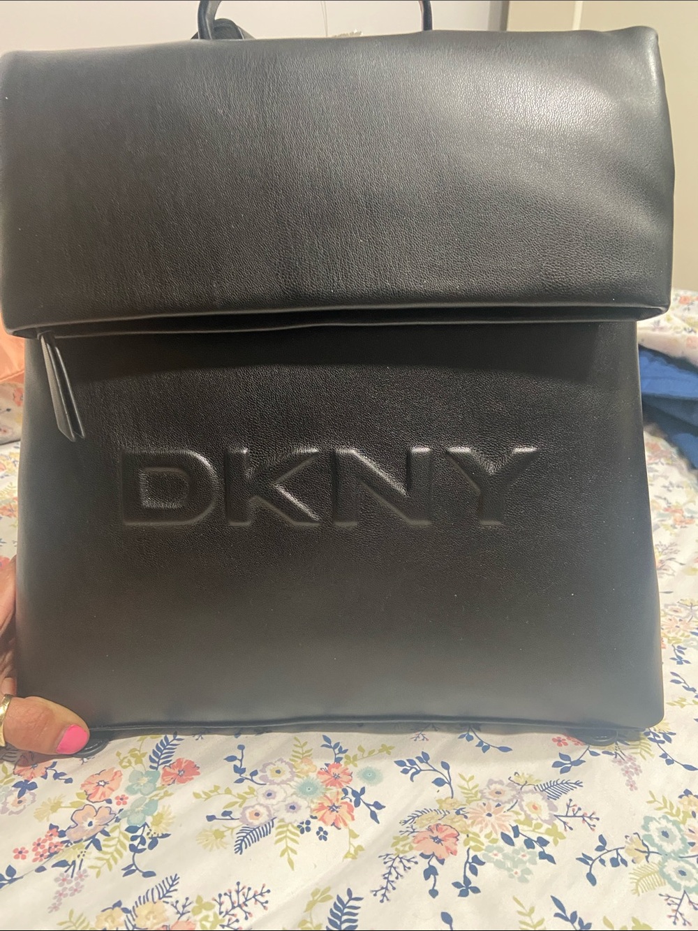DKNY Black Embossed Logo Fold-Top Backpack